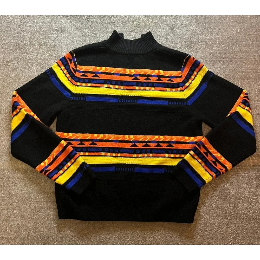 ASOS Mens Aztec Geometric Quarter Zip Sweater Black Orange Yellow Blue Small